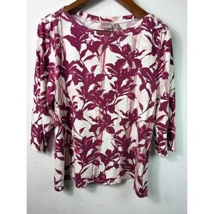 Chico's Women Top Burgundy Floral 3 XL 3/4 Sleeve Cotton Modal Button Shoulder
